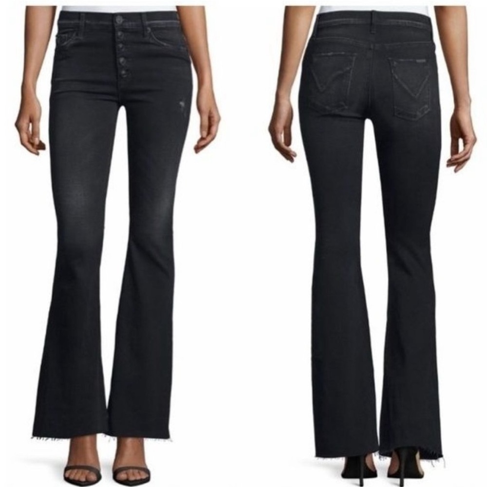 Black Flare Wide Leg Jeans with Mid-Rise Waist